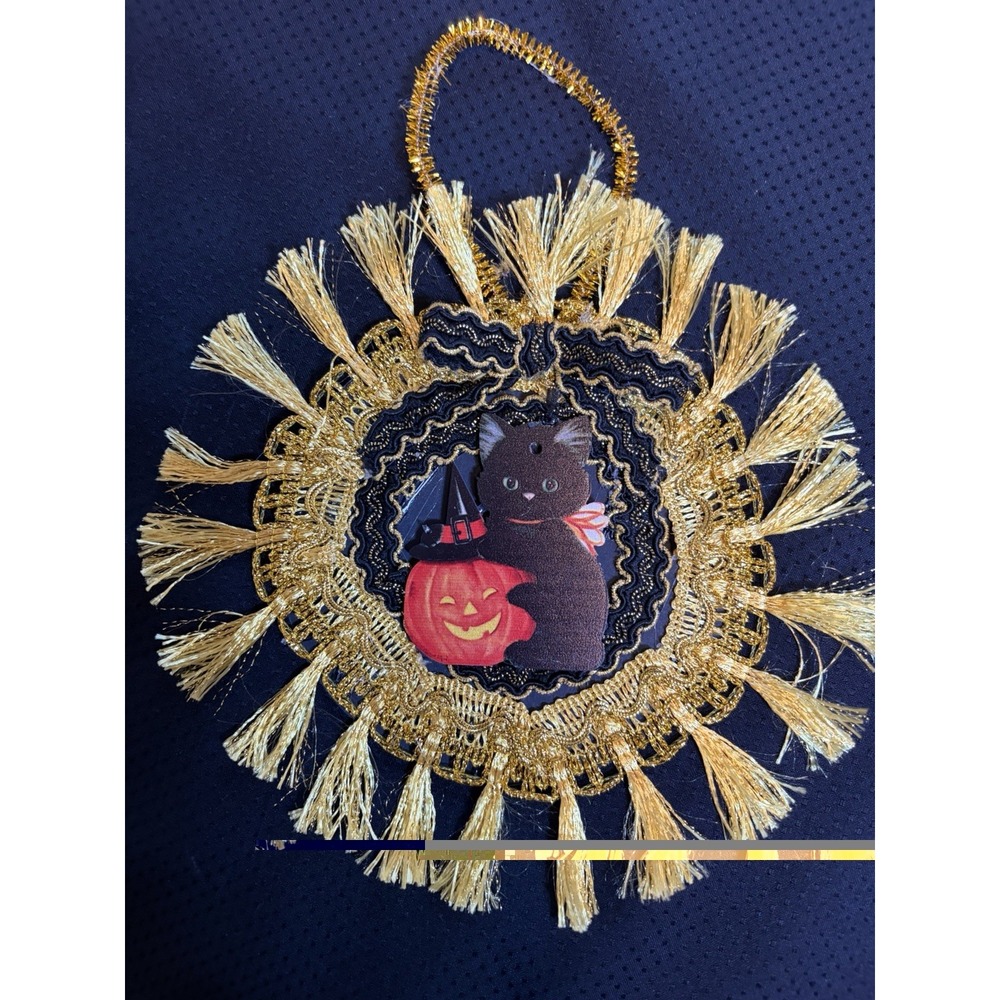 Handmade HALLOWEEN Ornament Retro Victorian Black Cat Jack O Lantern 8" Tassels